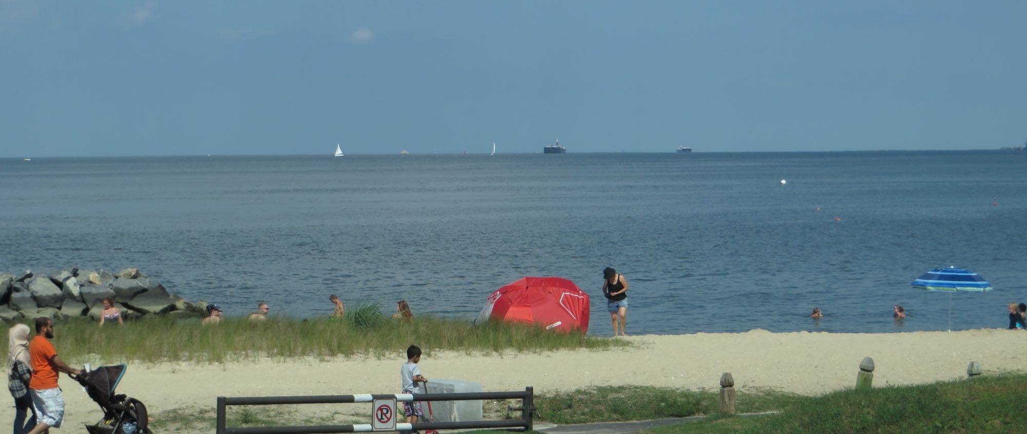 Yorktown Beach on the York River, with visitors on the sand